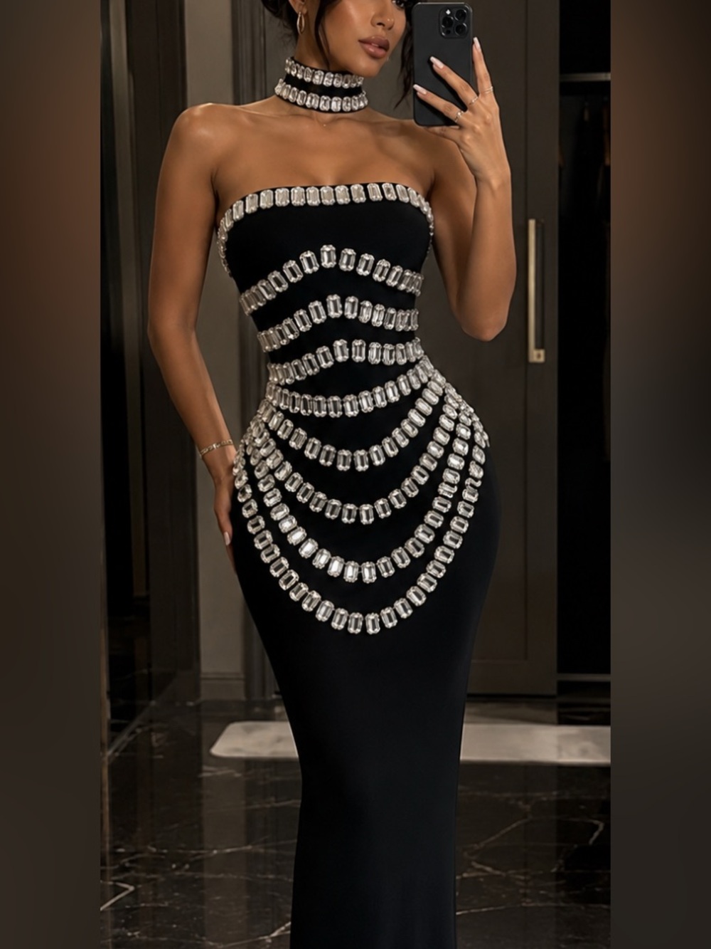 NEW $269 Nova Strapless Midi Bodycon Dress with Crystal Embellishment